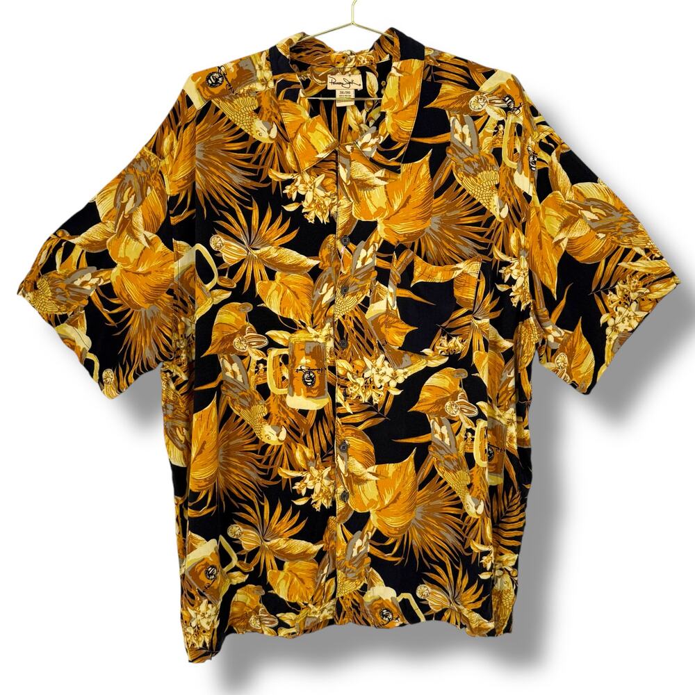 Panama Jack Camp Shirt, Gold Tiki Cocktail Drink Parrot Print, 3XL Y2K Vintage
